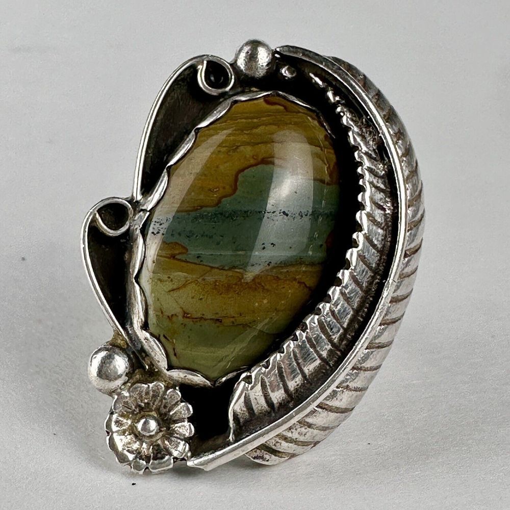 Old Pawn Navajo Statement Ring Size 6.5 Blue‎ Mountain Jasper Gem Sterling 13.7g